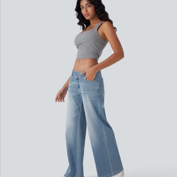 Halara Flex™ Asymmetric Low Rise Zipper Pockets Baggy Wide Leg Casual Jeans - Picture 7 of 16